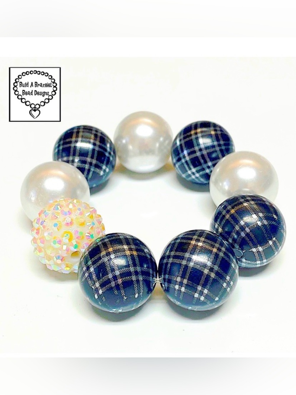 Handmade Girls Black Plaid & Pearl Bracelet Stretch Handmade Dressy Glam Jewelry